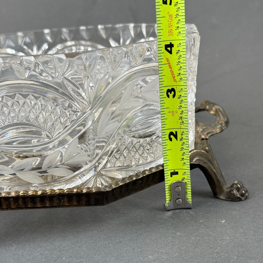 Vintage Cut Crystal Glass Bowl Ornate Metal Stand Claw Paw Feet Candy Dish - Picture 12 of 12